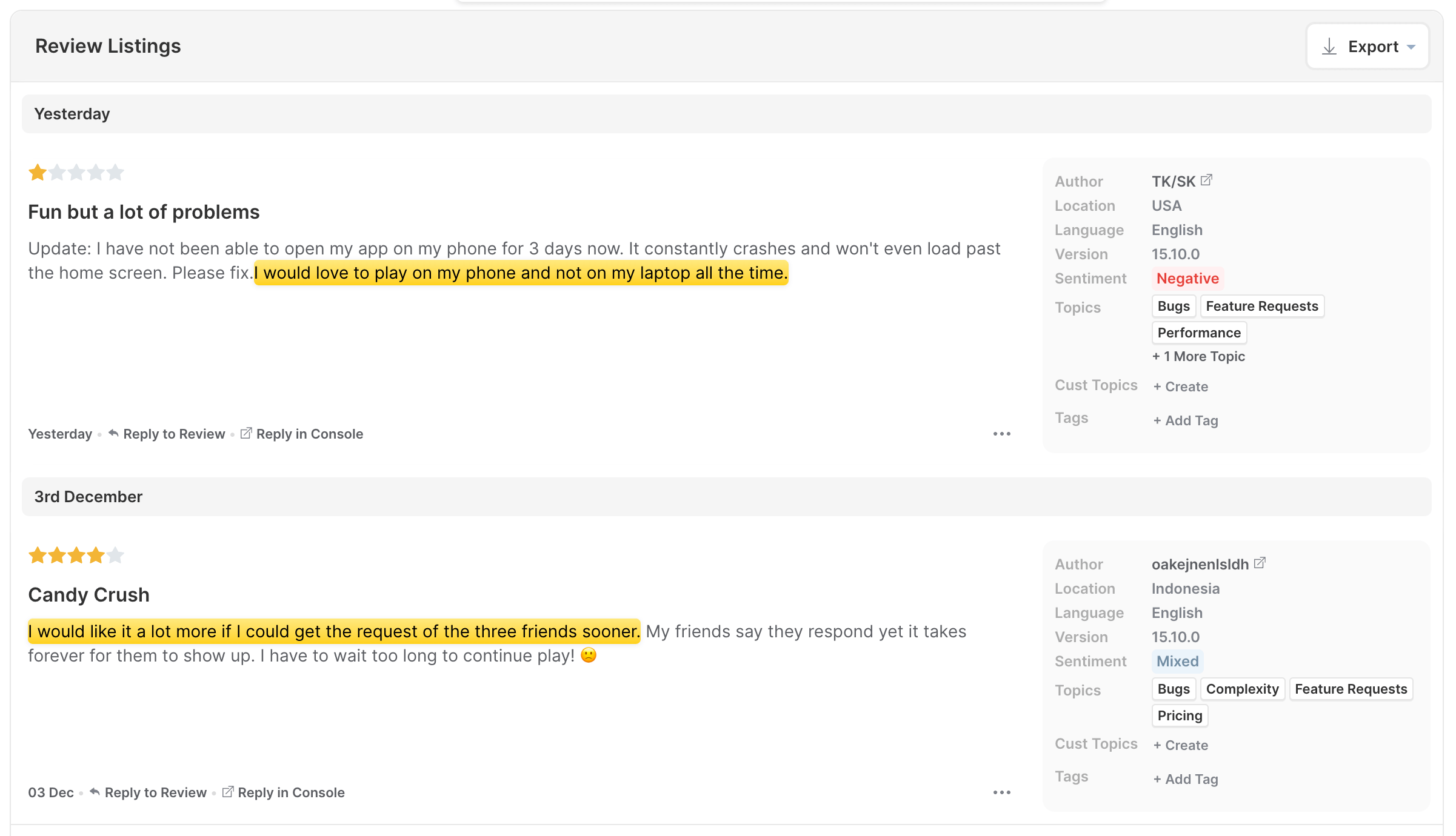 two reviews tagged with the topic of Feature Request