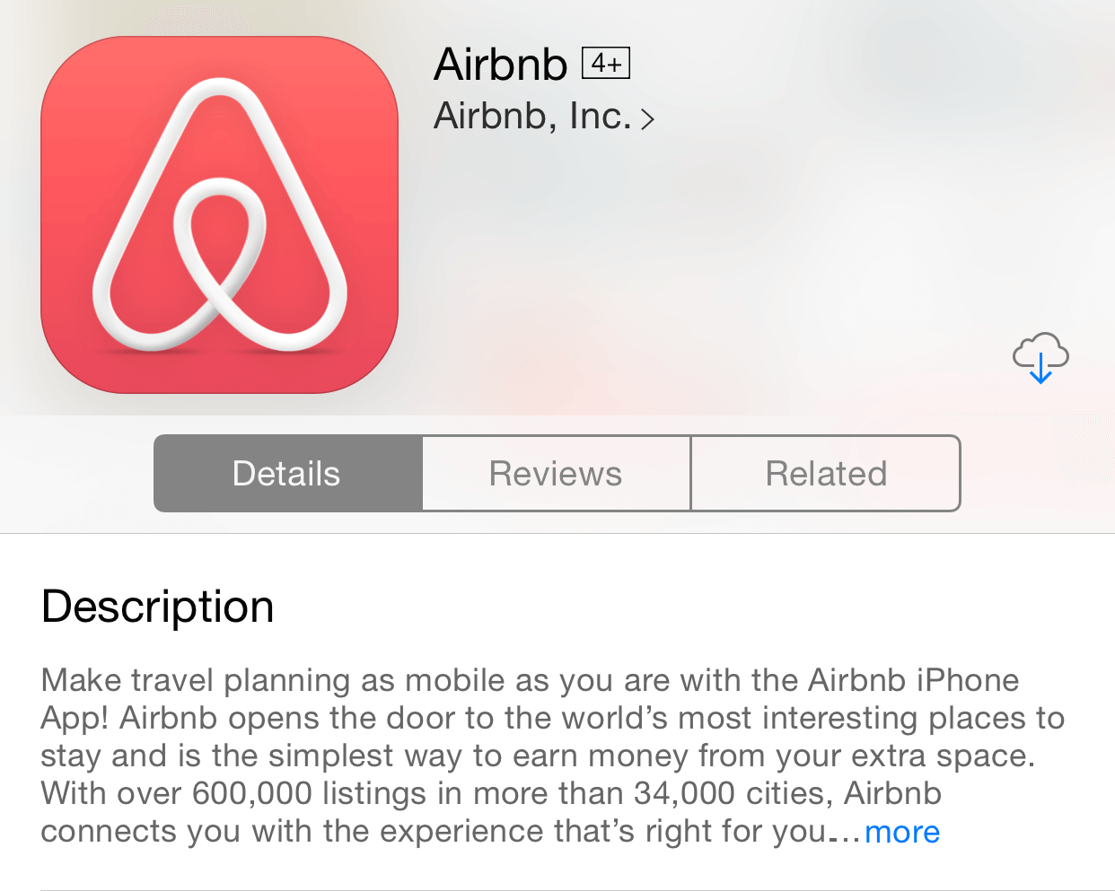 image of Airbnb's app store description