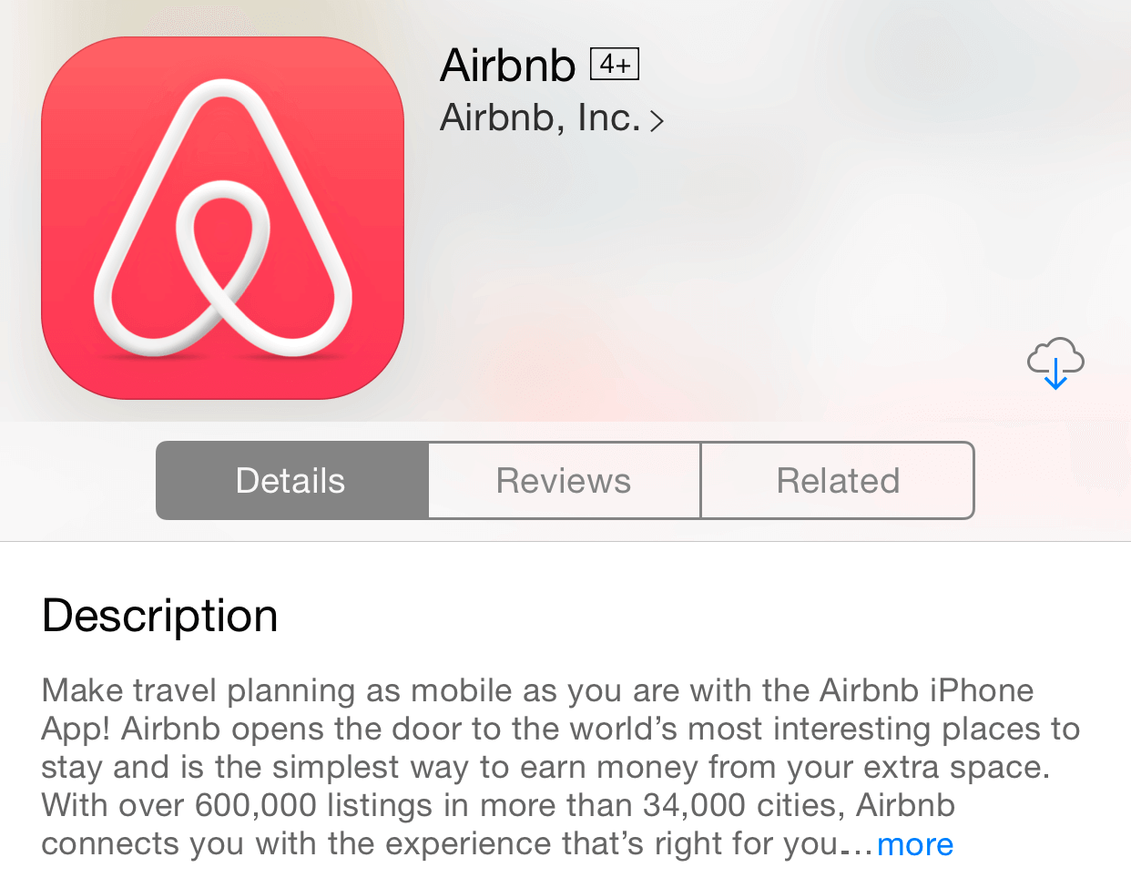 image of Airbnb's app store description