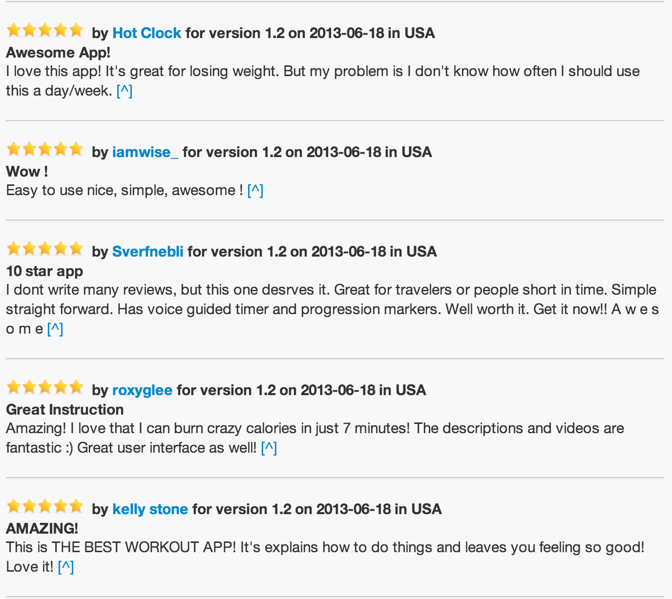 Positive App Store reviews for 7 Minute Workout