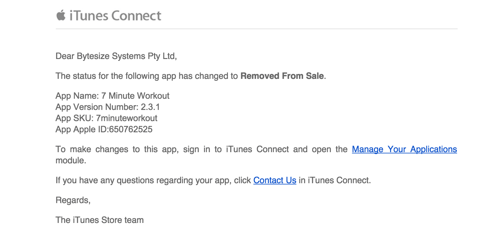 Email saying 7 Minute Workout was removed from sale
