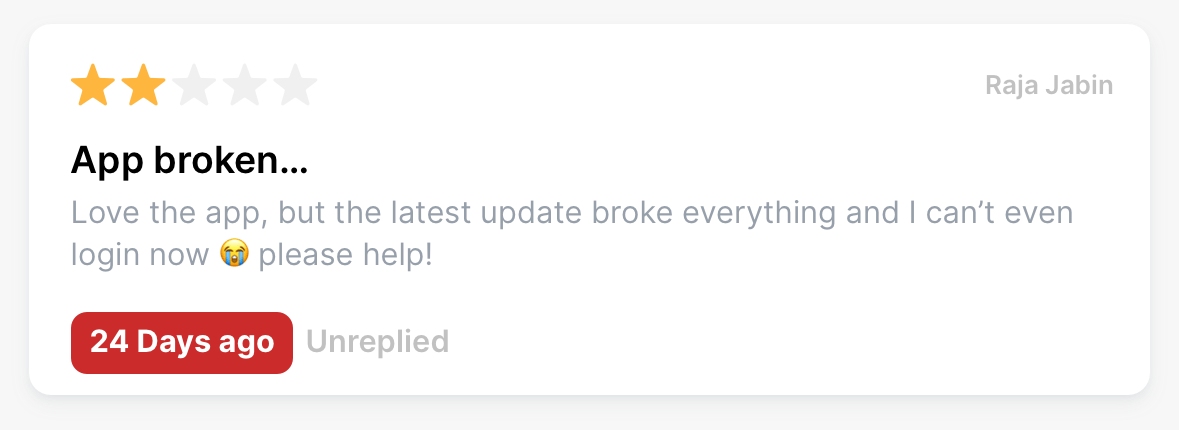 A review still showing no developer reply after 24 days