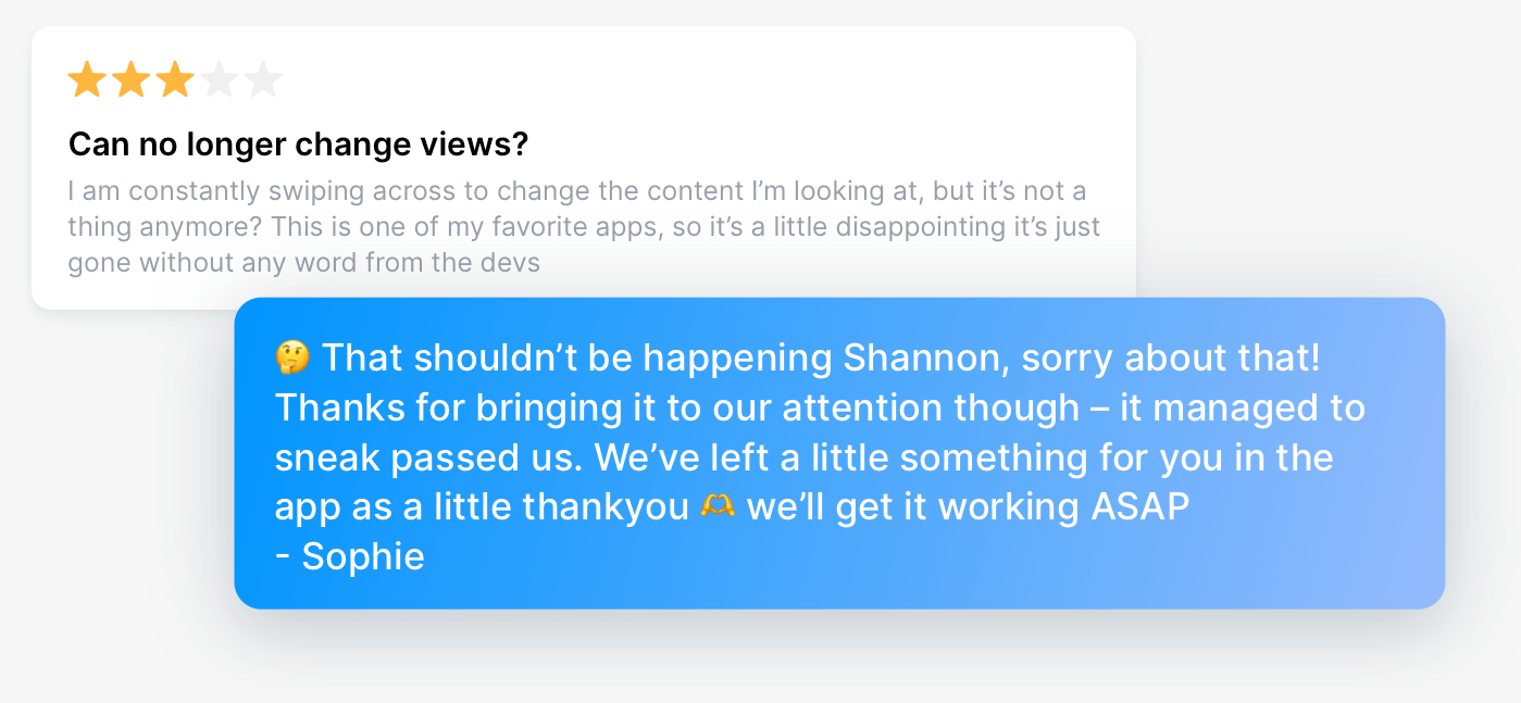 A developer reply that apologises and offers a goodwill gesture