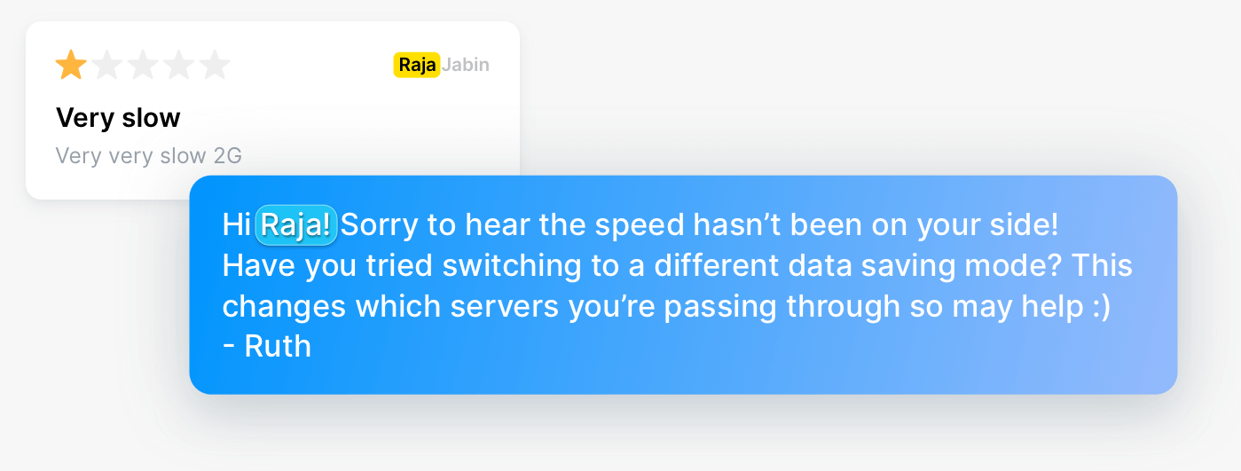 A developer reply that addresses the reviewer by name and signs off with a name