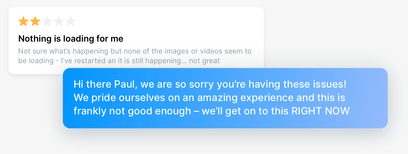 A developer reply apologising for a poor experience