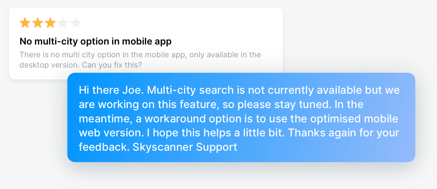 A developer reply offering a specific workaround for the reported problem