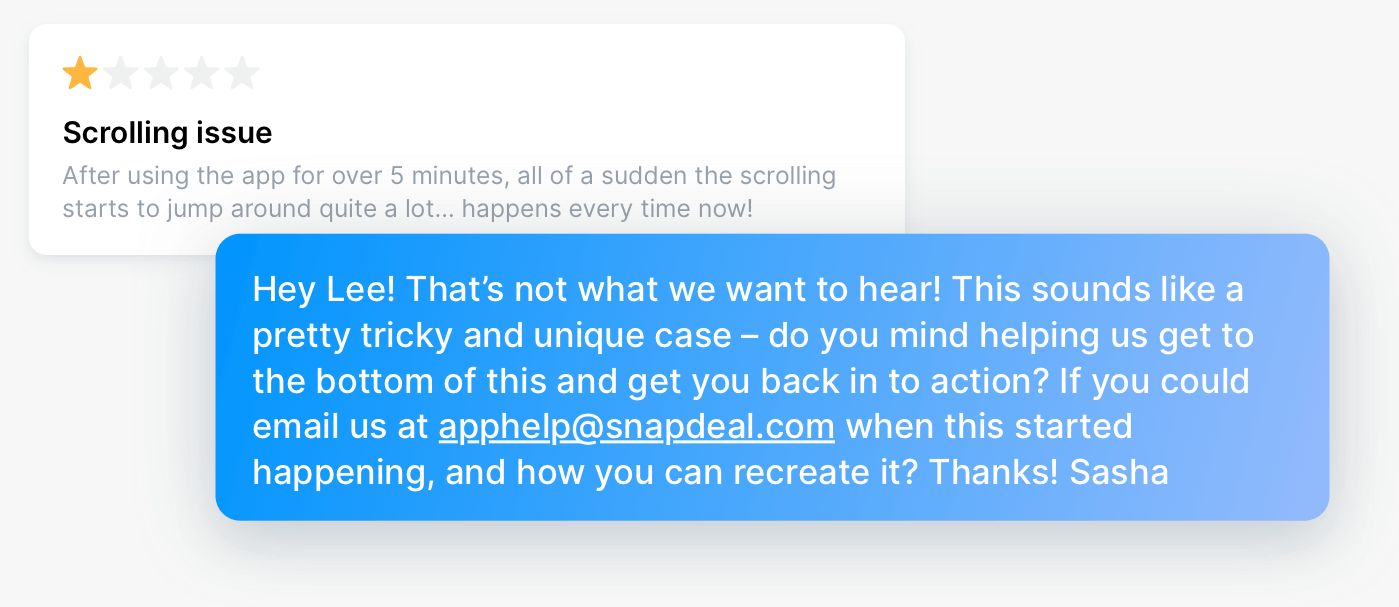 A developer reply offering to help by email