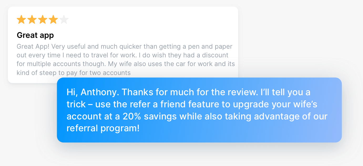 A developer reply to a criticism raised inside a 4-star review