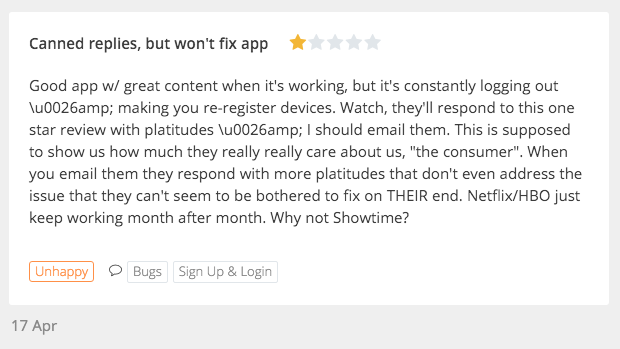 A one-star review complaining about receiving canned developer responses