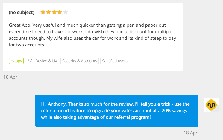 A developer reply addressing a criticism in a positive review