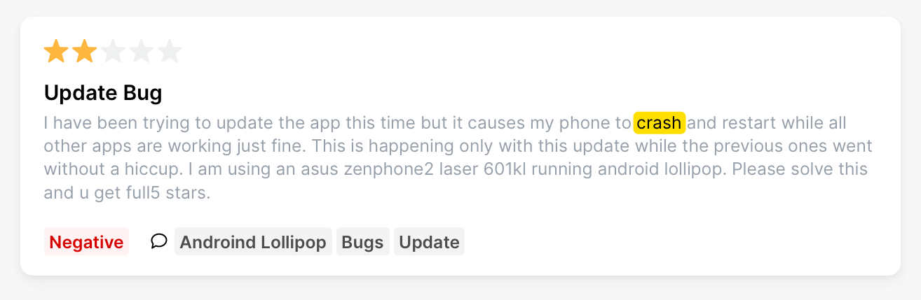 A review reporting a bug introduced by an app update