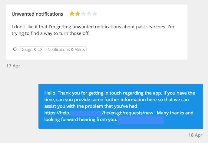 A generic developer reply pointing the user to a support link