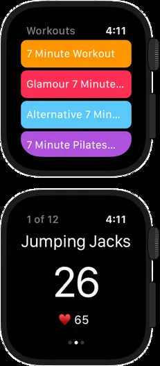 7 Minute Workout Apple Watch app showing the workout list and an exercise in progress