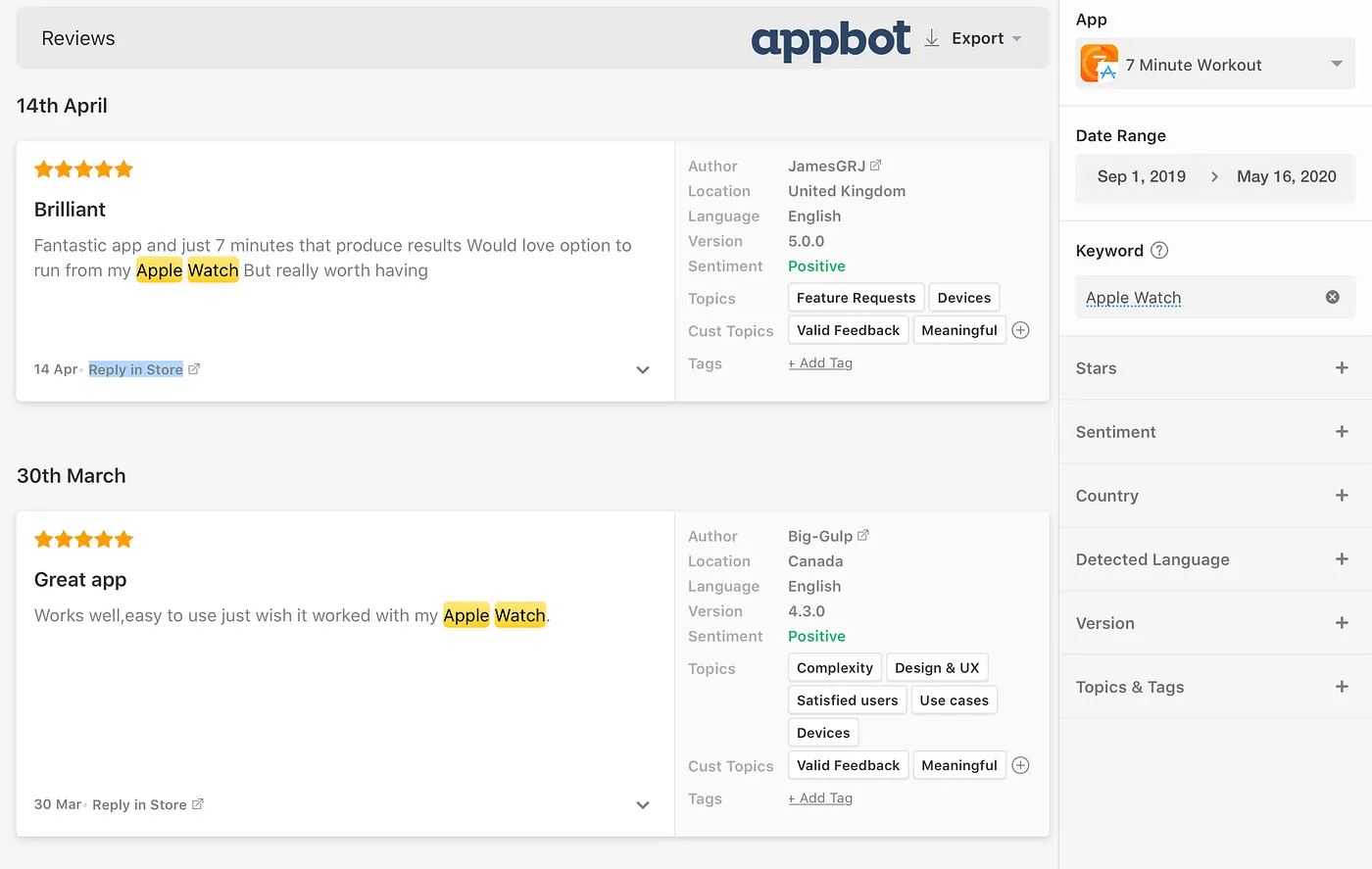 Appbot reviews dashboard filtered by the Apple Watch keyword showing feature requests