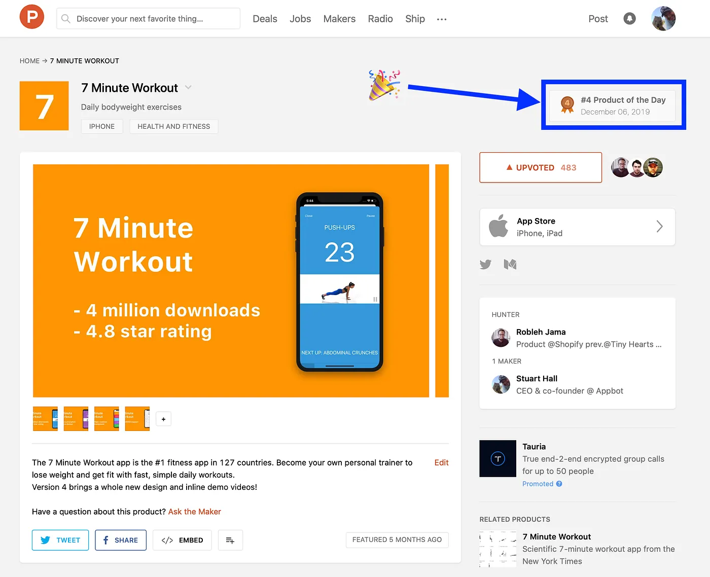7 Minute Workout listed on Product Hunt as #4 Product of the Day