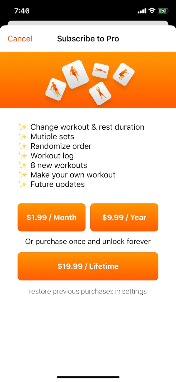 Subscribe to Pro purchase screen with monthly, yearly and lifetime options