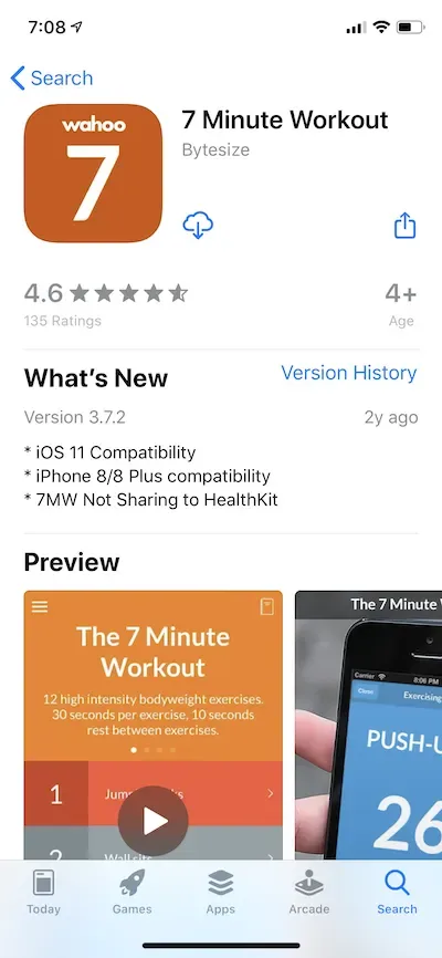 App Store listing for 7 Minute Workout showing the last update was 2 years earlier