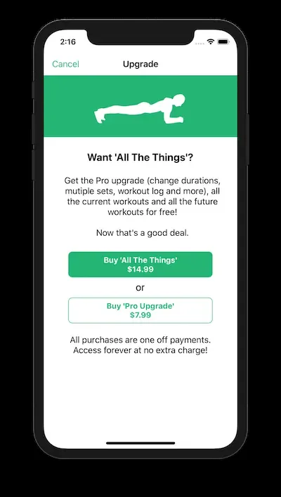 New in-app purchase upgrade screen offering All The Things and Pro Upgrade options