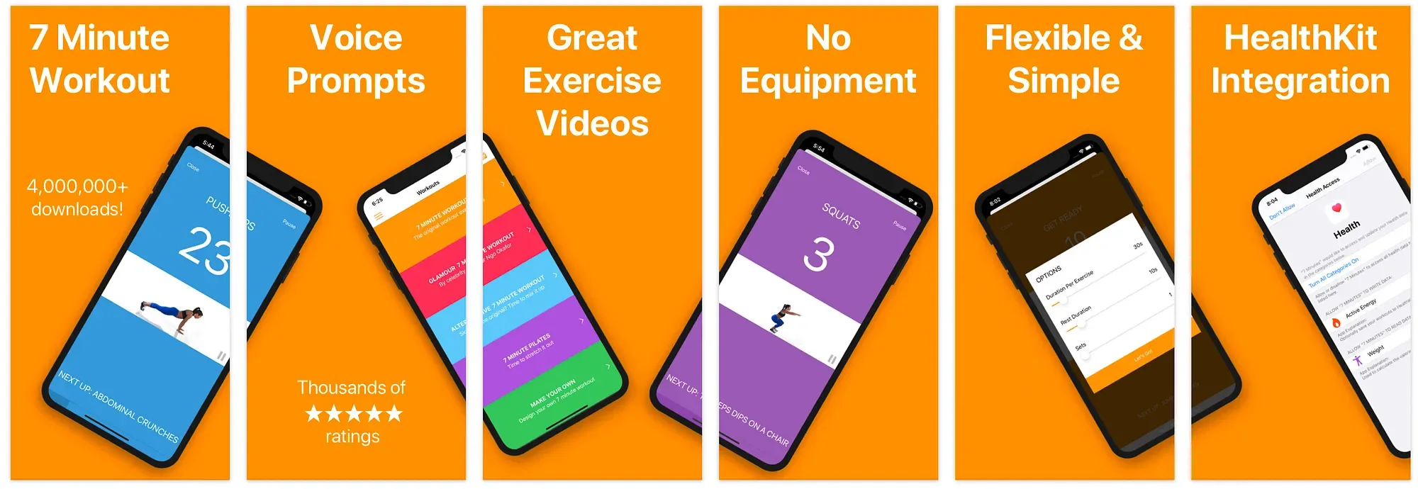 New App Store screenshots highlighting voice prompts, exercise videos and HealthKit integration