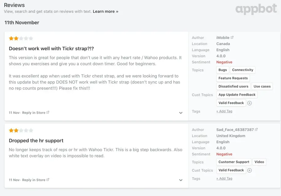 Two star app reviews in Appbot complaining the update dropped Wahoo TICKR support