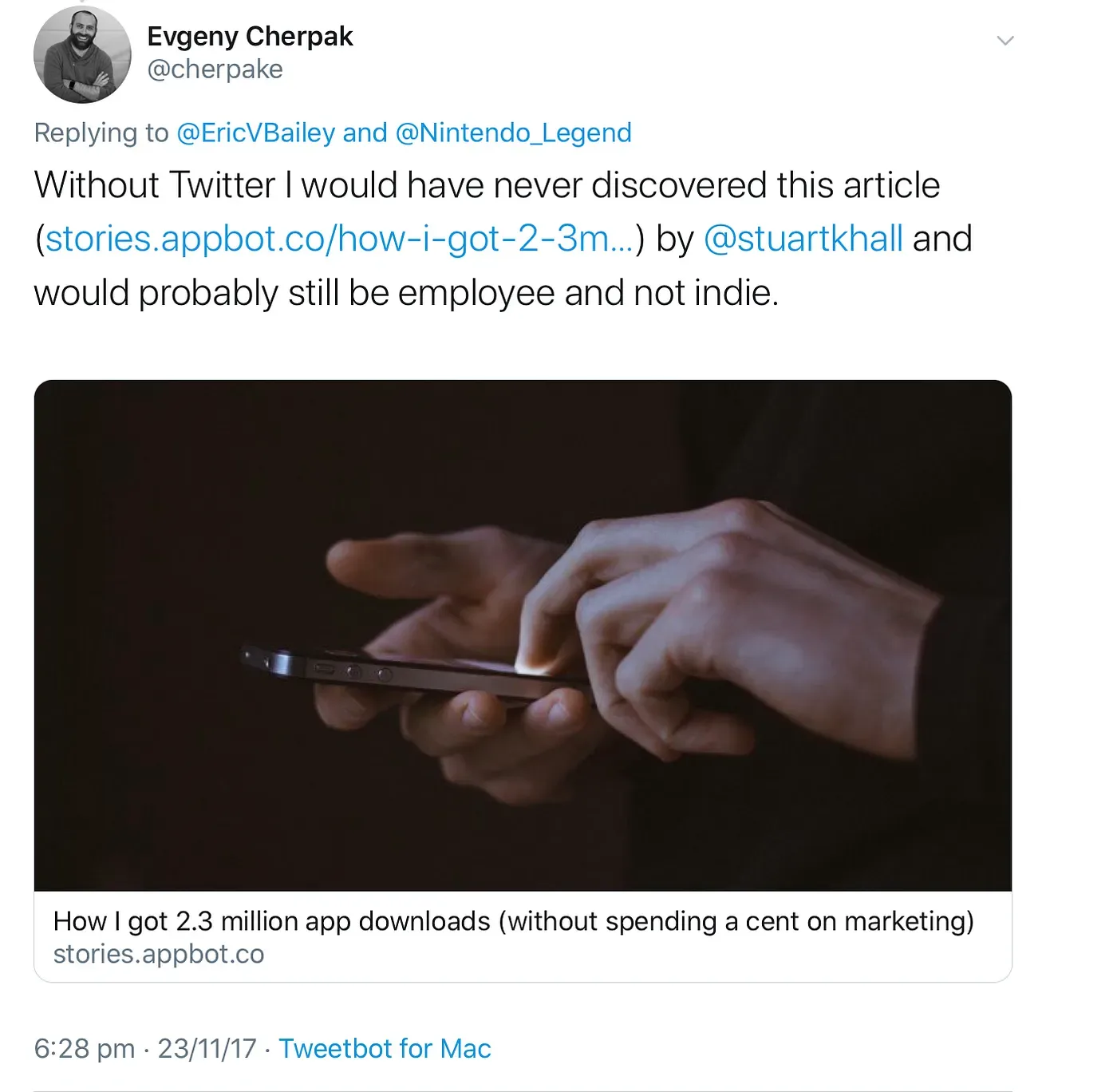 Tweet from a developer saying the article inspired them to go indie