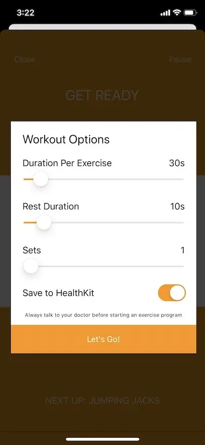 Workout options screen with duration, rest and sets shown before starting a workout