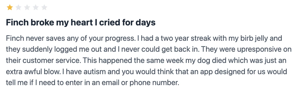 One-star Finch review titled Finch broke my heart I cried for days, describing losing a two-year streak with my birb jelly after being suddenly logged out, unresponsive customer service, and the loss coming the same week the reviewer's dog died